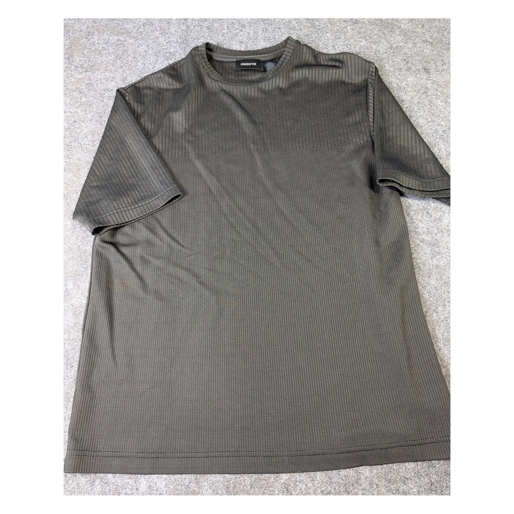 Claiborne Mens Ribbed Knit Short Sleeve Shirt Dark Olive Green Crew Neck Medium